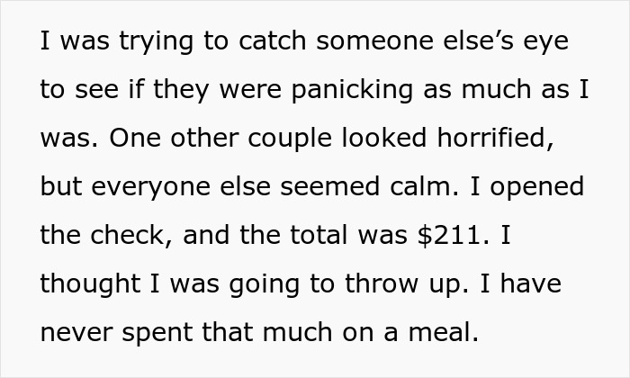 Text about a fancy dinner party where guests received a $211 bill, causing panic and shock among attendees. Text about a fancy dinner party where guests received a $211 bill, causing panic and shock among attendees.