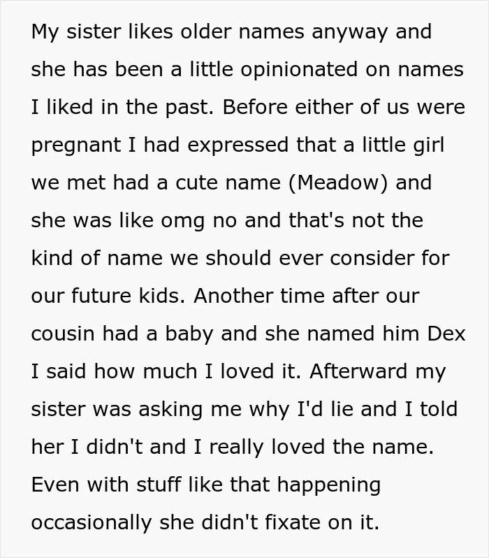 Text about sisters debating future baby names, discussing preferences and opinions.