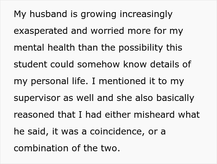 Text about a student's creepy comment and a husband's concern, emphasizing mental health. Text about a student's creepy comment and a husband's concern, emphasizing mental health.