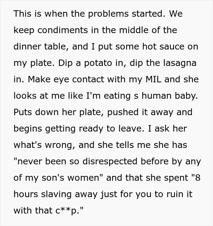 Text discussing a mother-in-law upset over lasagna altered with hot sauce, leading to her leaving the dinner. Text discussing a mother-in-law upset over lasagna altered with hot sauce, leading to her leaving the dinner.