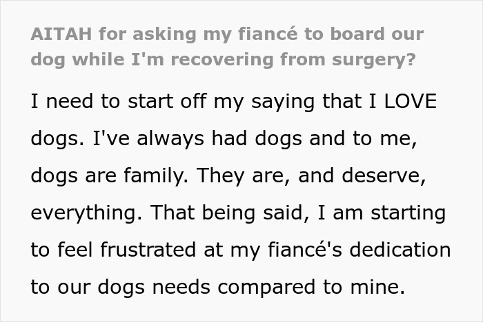Guy Tells Fianc&eacute;e To Recover In Hotel Room After Surgery So As Not To Not Disturb His Dog