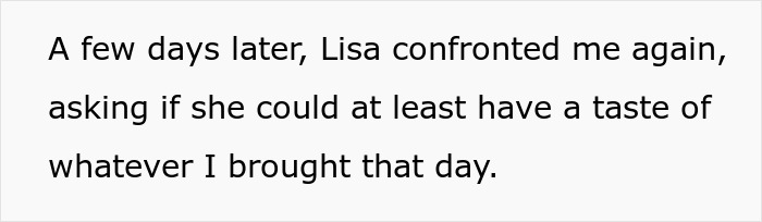 Text about coworker's request for extra food and "team spirit" in a workplace setting.