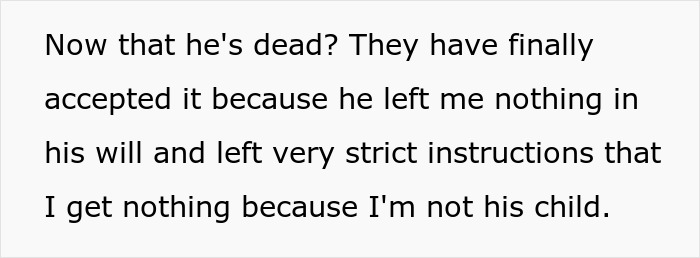 Text reveals will's instructions about stepsis not being a bio child and receiving nothing. Text reveals will's instructions about stepsis not being a bio child and receiving nothing.