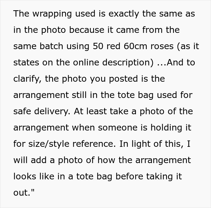 Text exchange discussing a woman's complaint about a flower arrangement order and delivery details. Text exchange discussing a woman's complaint about a flower arrangement order and delivery details.
