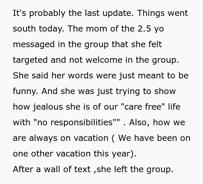 Text conversation about a mom feeling unwelcome in a group, mentioning jealousy over vacations and responsibilities.