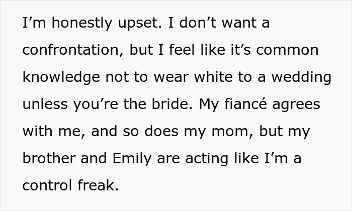 Text expressing a woman's upset about etiquette violation at her wedding.