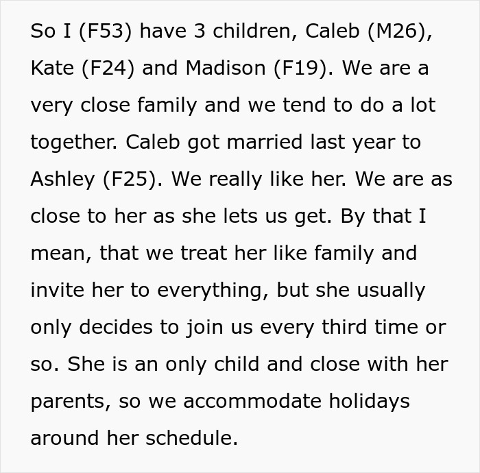 Text recounting a family dynamic with a fussy daughter-in-law, Bridgerton watch party omitted. Text recounting a family dynamic with a fussy daughter-in-law, Bridgerton watch party omitted.