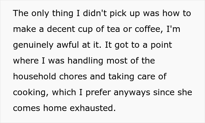Text about husband managing chores and cooking, but struggling with making tea or coffee.