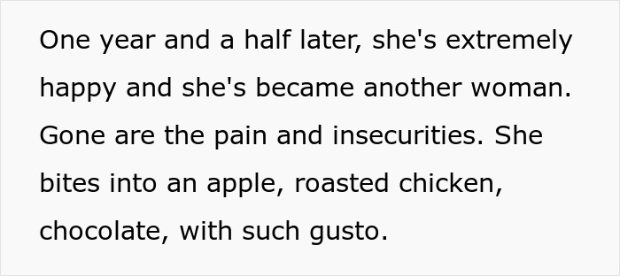 Text describing a woman's transformation after receiving a life-changing gift from her husband.