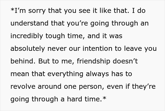 Text image discussing friendship and the challenges faced when a single mom turns a girls' trip into a guilt trip.