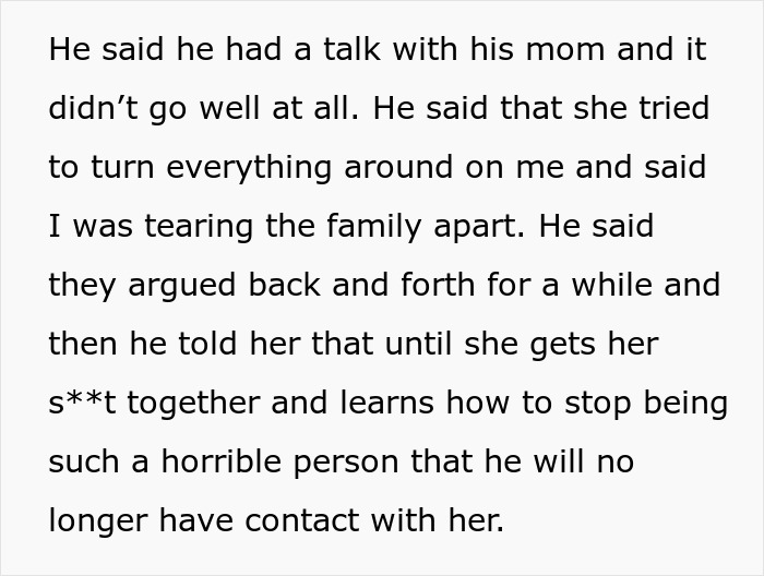 Text discussing a heated conversation about family conflict involving a boyfriend's mother. Text discussing a heated conversation about family conflict involving a boyfriend's mother.