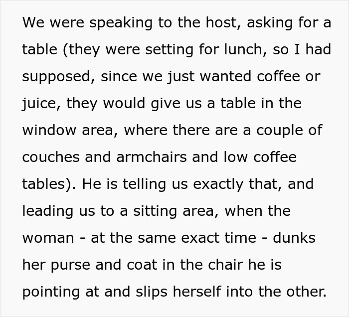 Text about a restaurant seating situation involving a woman and a host.