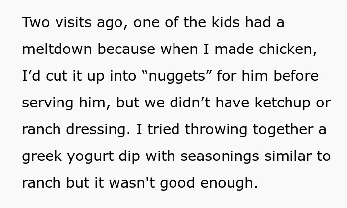 Text discussing a child's meal meltdown over missing sauce choices, like ketchup and ranch, during a visit with in-laws.