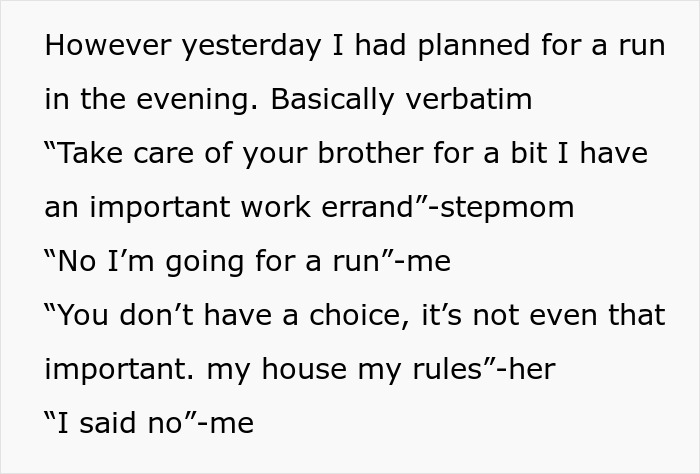 Text exchange about a 16-year-old planning a run, refusing to babysit stepbrother despite stepmom's request.