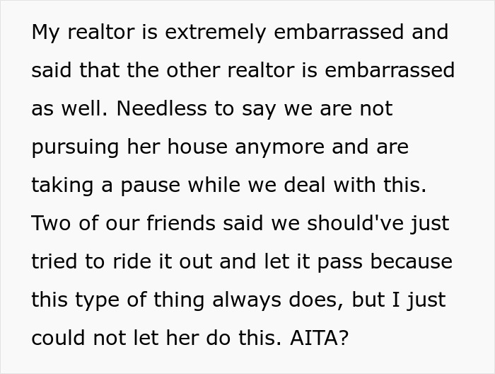 Text from a conversation discussing realtors' embarrassment over a home tour incident. Text from a conversation discussing realtors' embarrassment over a home tour incident.