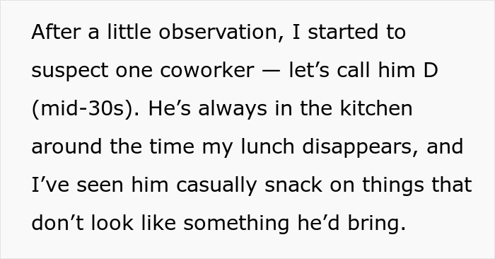 Text discussing suspicion of a coworker related to spicy food and lunch disappearance.