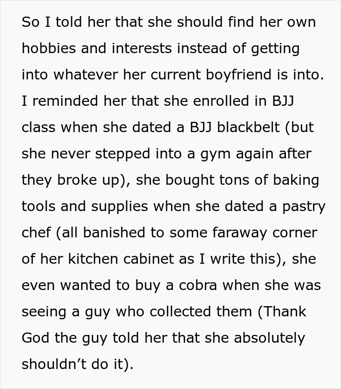 Text describing a woman copying each boyfriend's hobbies, almost buying a pet cobra, advised to stop by a friend.