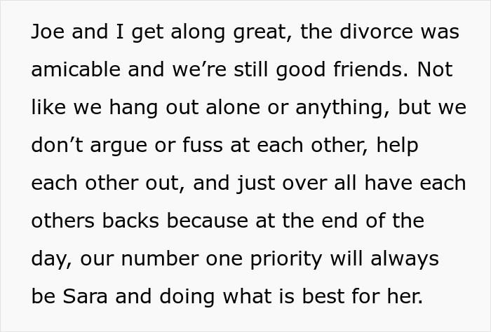 Text discussing a positive post-divorce relationship, emphasizing mutual support and prioritizing their daughter. Text discussing a positive post-divorce relationship, emphasizing mutual support and prioritizing their daughter.