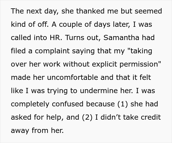 Text describing a situation where a coworker faces an HR complaint after covering for a colleague.
