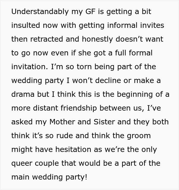 Text expressing a gay woman's concern about not getting a plus-one at her friend's wedding. Text expressing a gay woman's concern about not getting a plus-one at her friend's wedding.