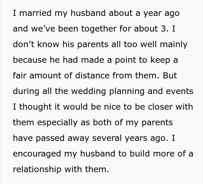 Text recounting a husband's limited relationship with his parents despite the wife's efforts to connect with them. Text recounting a husband's limited relationship with his parents despite the wife's efforts to connect with them.