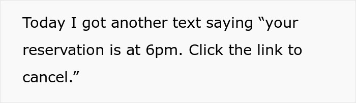 Text message about using phone number for reservation at 6pm, prompting to cancel with a link.