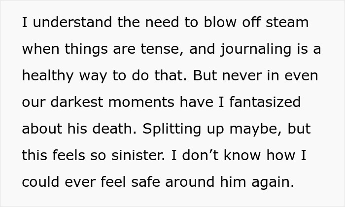 Text describing a sinister journal entry causing fear for spouse's safety. Text describing a sinister journal entry causing fear for spouse's safety.