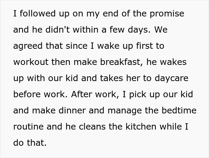 Text detailing a couple's chores agreement, highlighting neglect of agreed responsibilities.