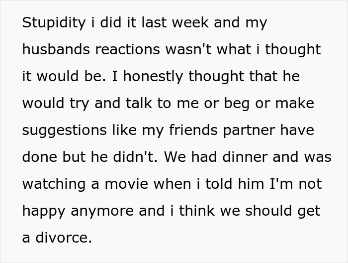 Text description discussing a woman's comment about wanting a divorce and her husband's unexpected reaction.