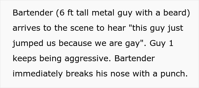 Text describing a scene where a bartender defends against homophobic aggression.