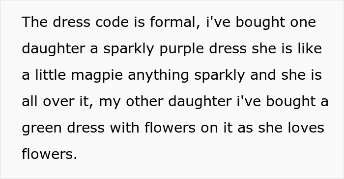 Text about a formal dress code, describing twins' different outfits—sparkly purple dress and green dress with flowers. Text about a formal dress code, describing twins' different outfits—sparkly purple dress and green dress with flowers.