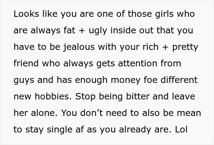 Text about jealousy and hobbies with a sarcastic tone.