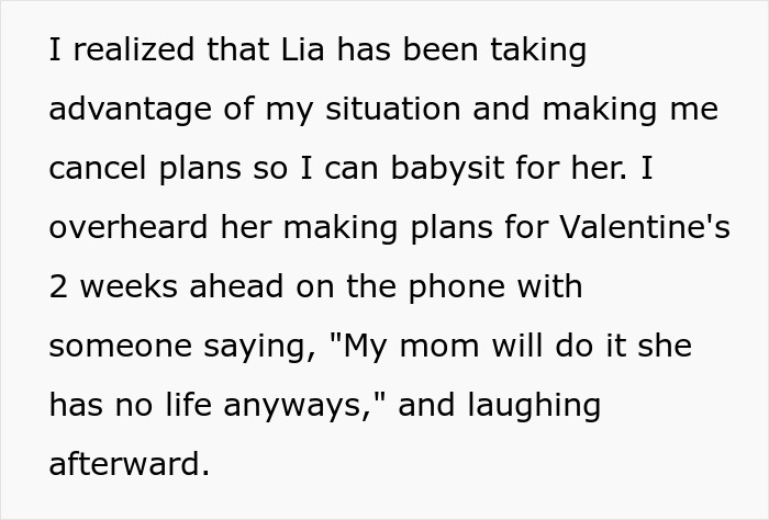 Text about a grandma overhearing her daughter assume she'll babysit on Valentine's and deciding to make other plans.
