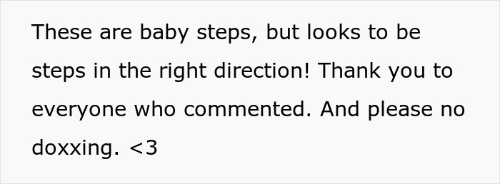 Text about taking steps in the right direction, expressing gratitude, and requesting no doxxing. Text about taking steps in the right direction, expressing gratitude, and requesting no doxxing.