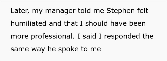 Text exchange between coworkers discussing a man's humiliation after a workplace incident. Text exchange between coworkers discussing a man's humiliation after a workplace incident.