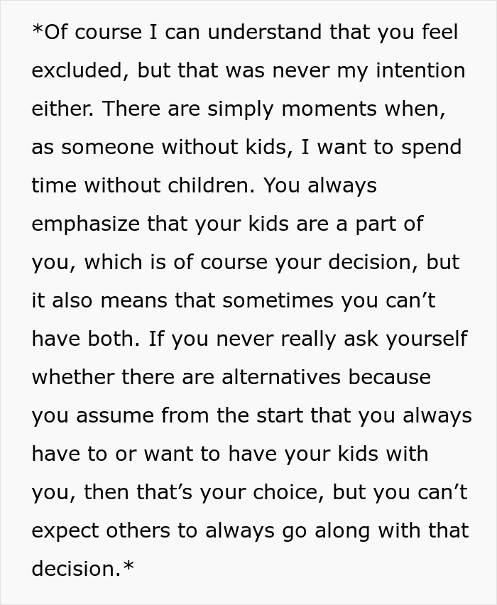 Text conversation about child-free vacation creates tension between friends.