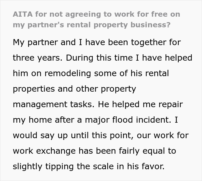 Text discusses a partner declining to remodel property for free, mentioning fair work exchange in rental property management.