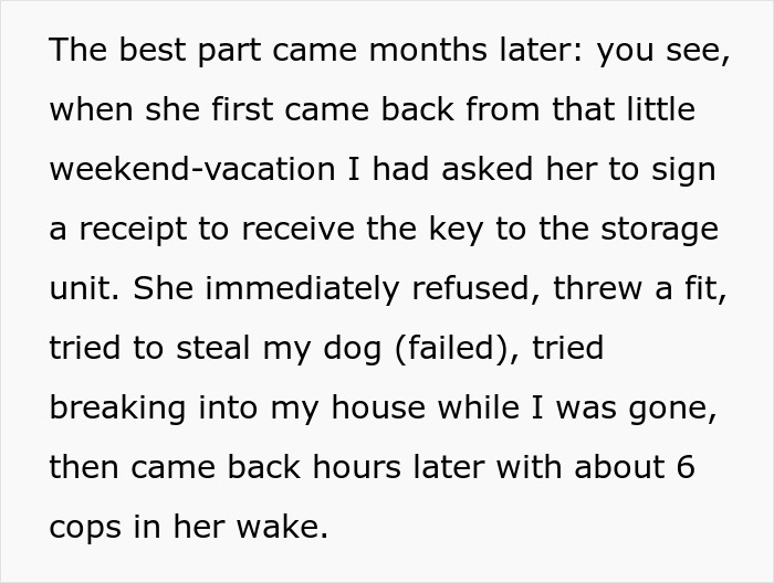 Text recounting revenge on a toxic girlfriend involving a failed attempt to steal a dog and return with police.