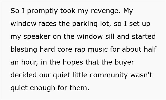 Text passage about a parking revenge story involving loud music dissuading a buyer.
