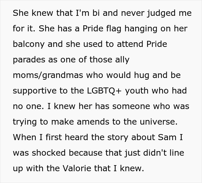 Text discussing inheritance with supportive LGBTQ+ ally grandmother and Pride flag.