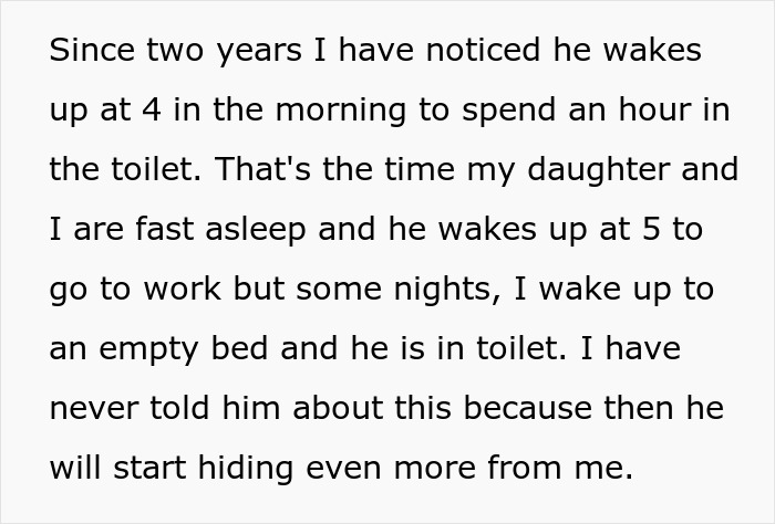 Text image discussing a wife's observation of her husband's early morning habits over two years.