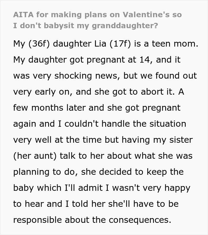 Grandma plans on purpose to avoid babysitting granddaughter on Valentine's, text snippet.