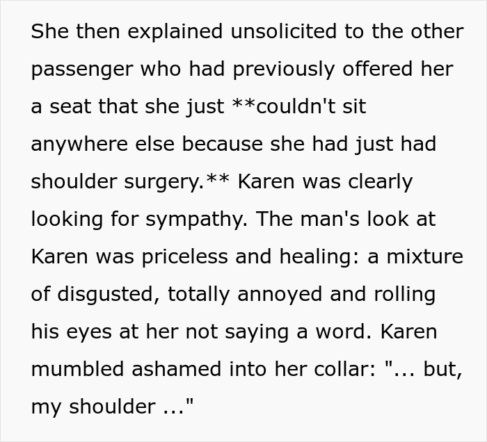 Text describes a woman insisting she can't move seats due to shoulder surgery, despite many free seats being available. Text describes a woman insisting she can't move seats due to shoulder surgery, despite many free seats being available.