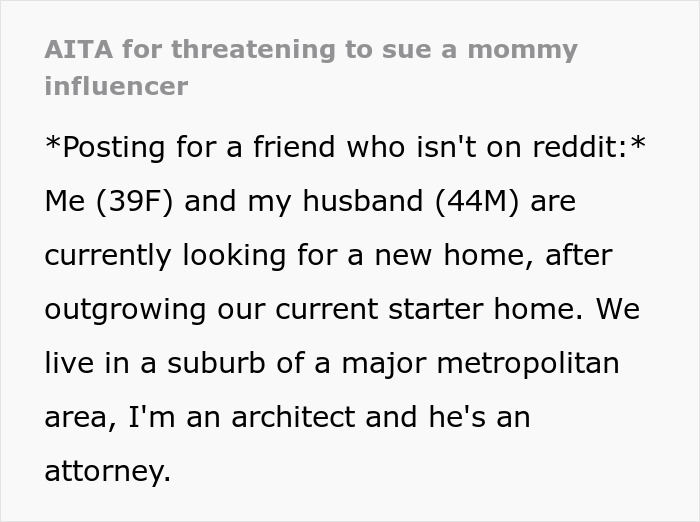 Text post about a couple's home tour experience and online shaming, with details about relocating from their starter home. Text post about a couple's home tour experience and online shaming, with details about relocating from their starter home.