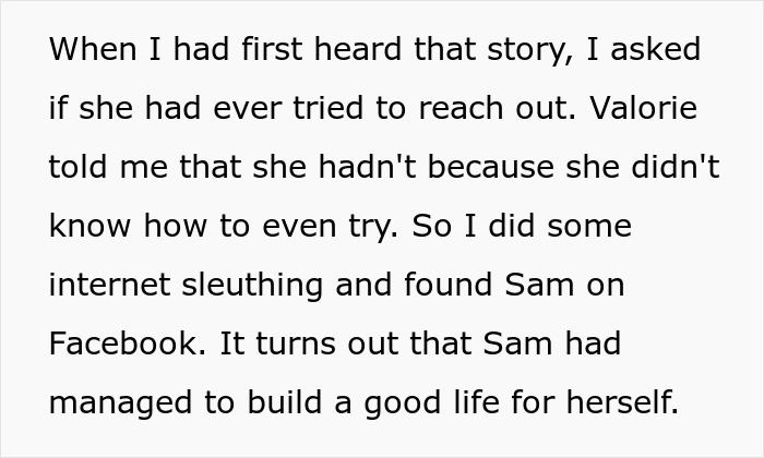 Text discussing sleuthing to find Sam on Facebook, relating to an inheritance situation with a friend's daughter.