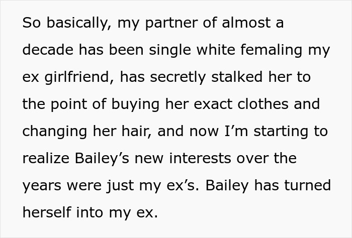 Image showing text about a partner imitating a spouse's ex, including stalking, buying similar clothes, and adopting new interests.