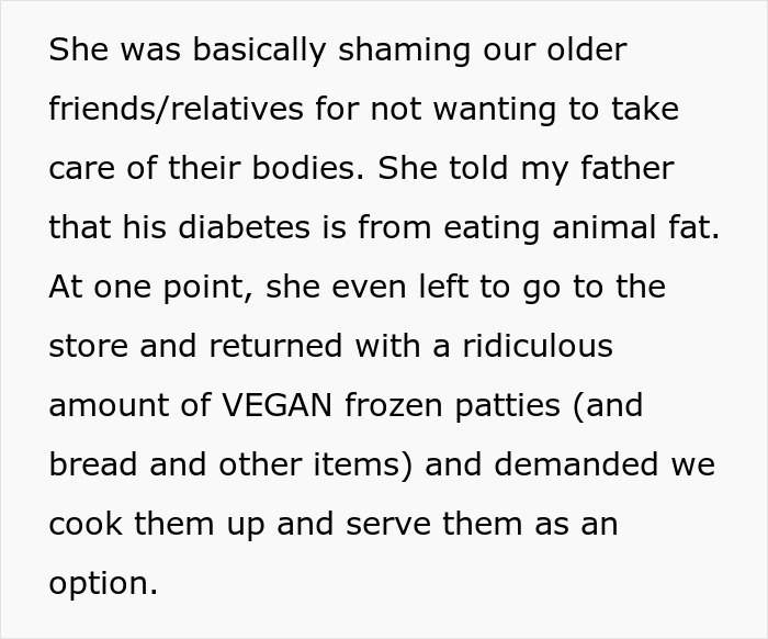 Text about vegan SIL criticizing family over food choices at barbeques. Text about vegan SIL criticizing family over food choices at barbeques.