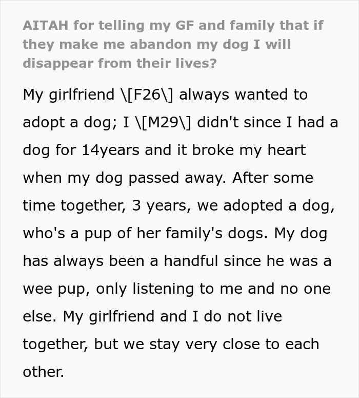 Text message discussing an untrainable dog, relationship dynamics, and potential disappearance.