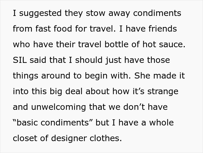 Text about in-laws' reaction to lack of sauce and condiments for children's meals during visits.