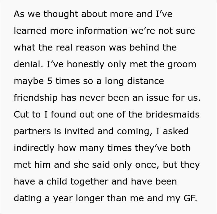 Text describing a situation where a gay woman is not allowed a plus-one at her best friend's wedding. Text describing a situation where a gay woman is not allowed a plus-one at her best friend's wedding.